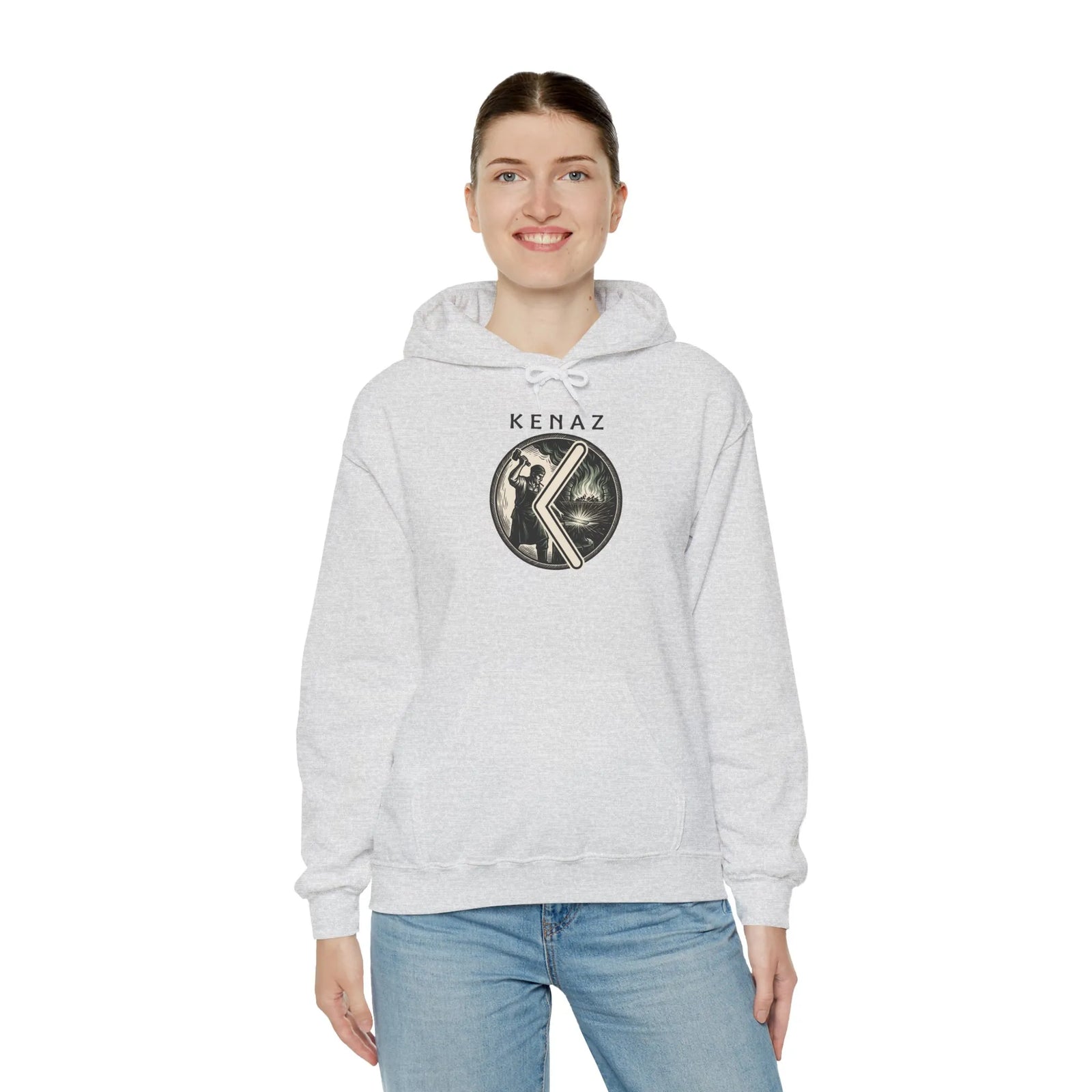Kenaz Rune Forge Blacksmith Hoodie - Heavy Blend Fleece Pullover - Unisex Off White