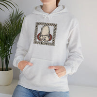 Runestone Cat Norse Woodcut Hoodie - Soft Cotton Blend Fleece Pullover - Unisex White