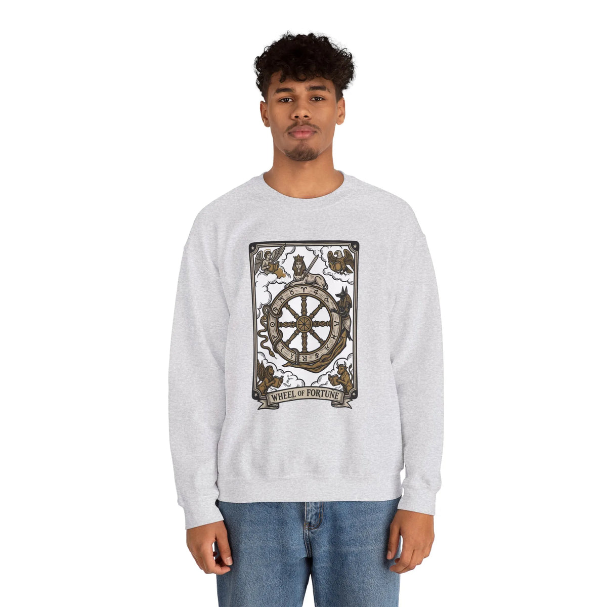Wheel of Fortune Tarot Card Sweatshirt - Heavy Blend Crewneck Fleece - Unisex White
