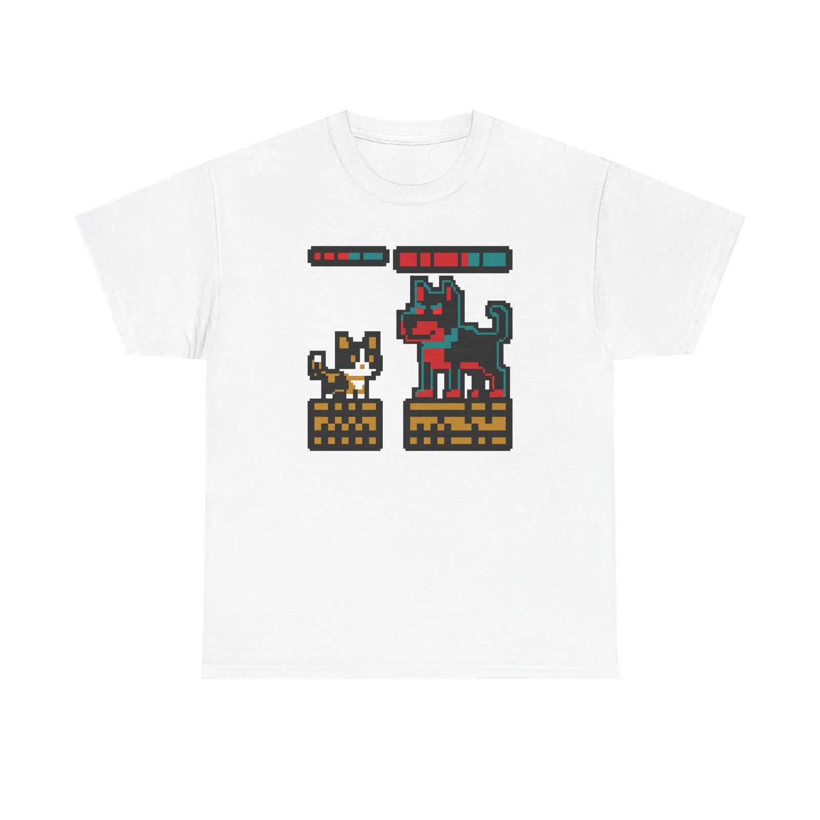 8-Bit Pixel Gaming Cats Boss Fight T-Shirt - Heavy Cotton Classic Fit Tee - Unisex White