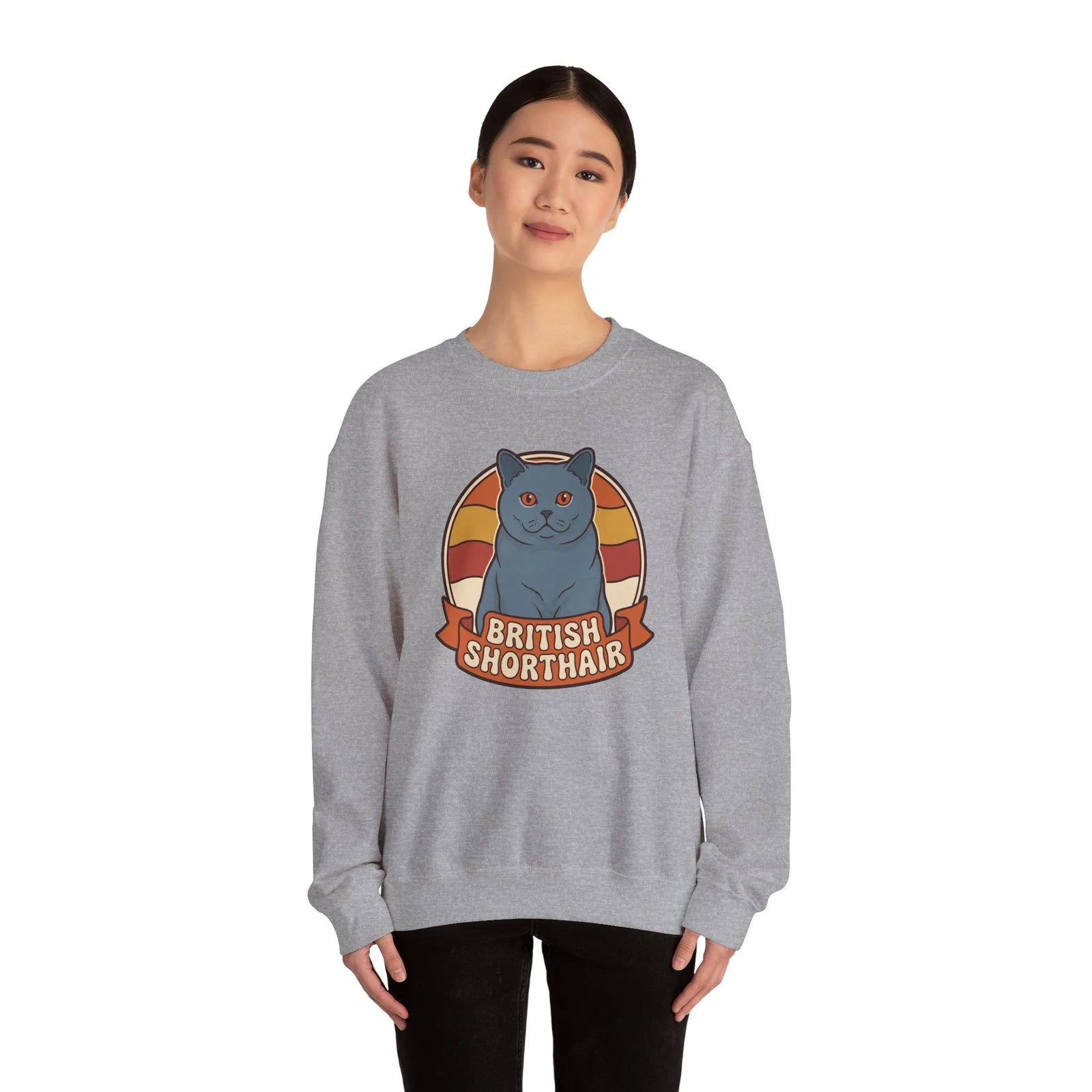 British Shorthair Retro Sunset Cat Sweatshirt - Heavy Blend Fleece Crewneck - Unisex White