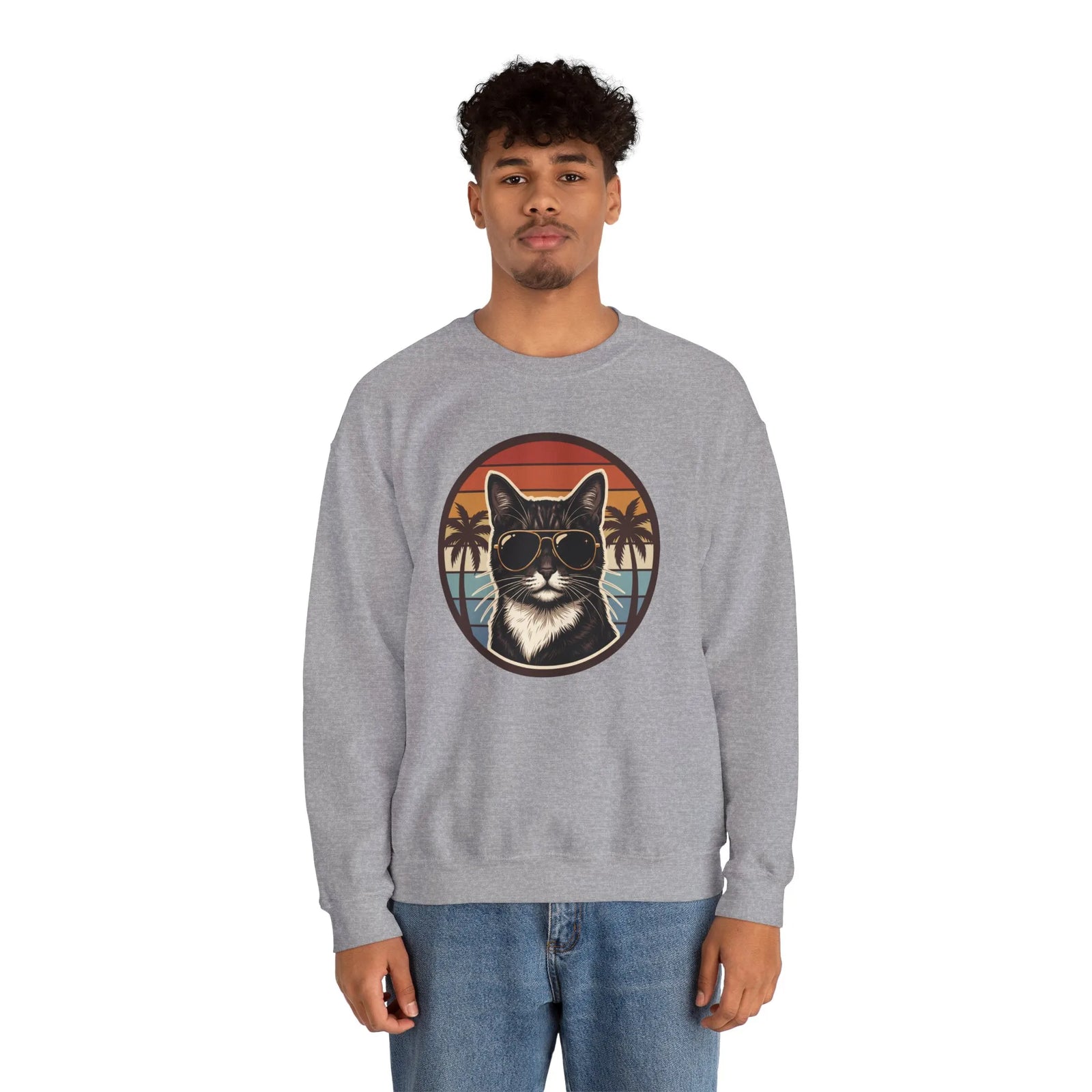 Tuxedo Cats 70s Sunset Sweatshirt - Heavy Blend Fleece Crewneck - Unisex White