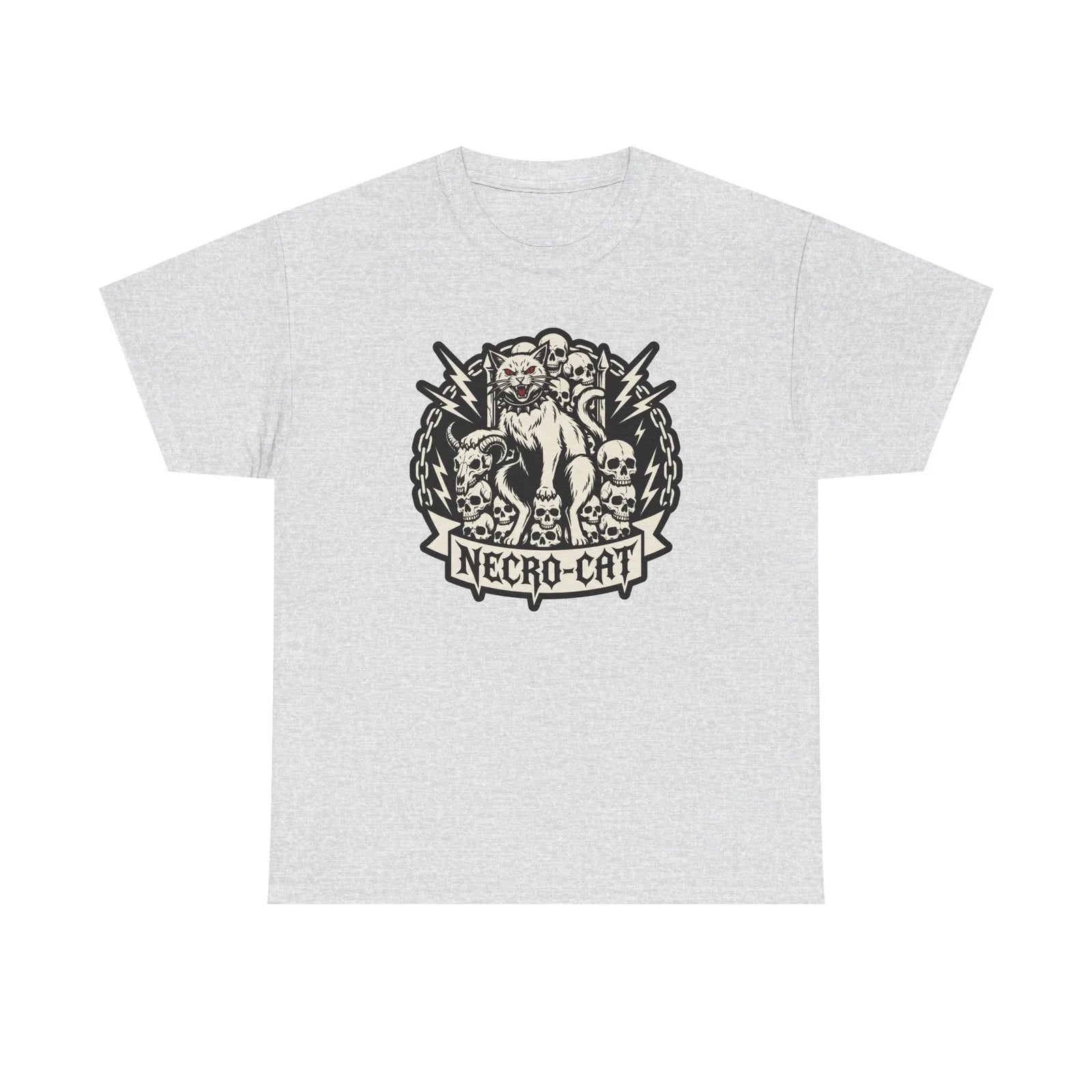 Rocker Cat Skull Throne Graphic T-Shirt - Heavy Cotton Classic Fit Tee - Unisex White