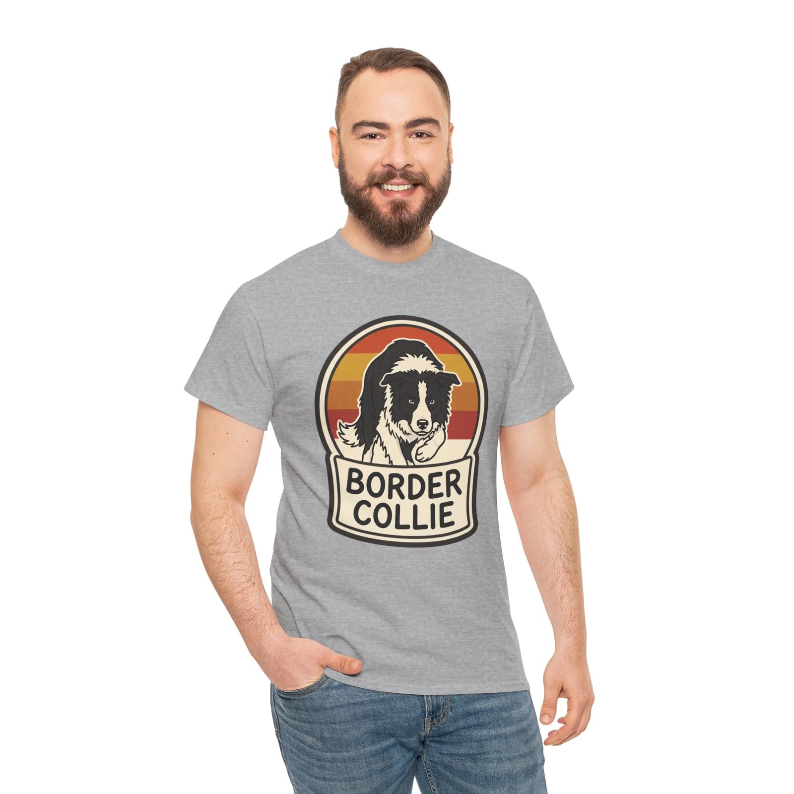 Border Collie Retro 70s Sunset T-Shirt - Heavy Cotton Classic Fit Tee - Unisex White