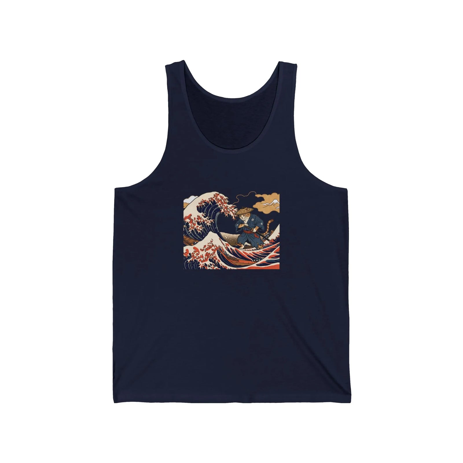 Ronin Wave Ukiyo-e Samurai Cat Tank Top - Lightweight Combed Cotton Jersey - Unisex White