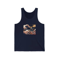 Ronin Wave Ukiyo-e Samurai Cat Tank Top - Lightweight Combed Cotton Jersey - Unisex White