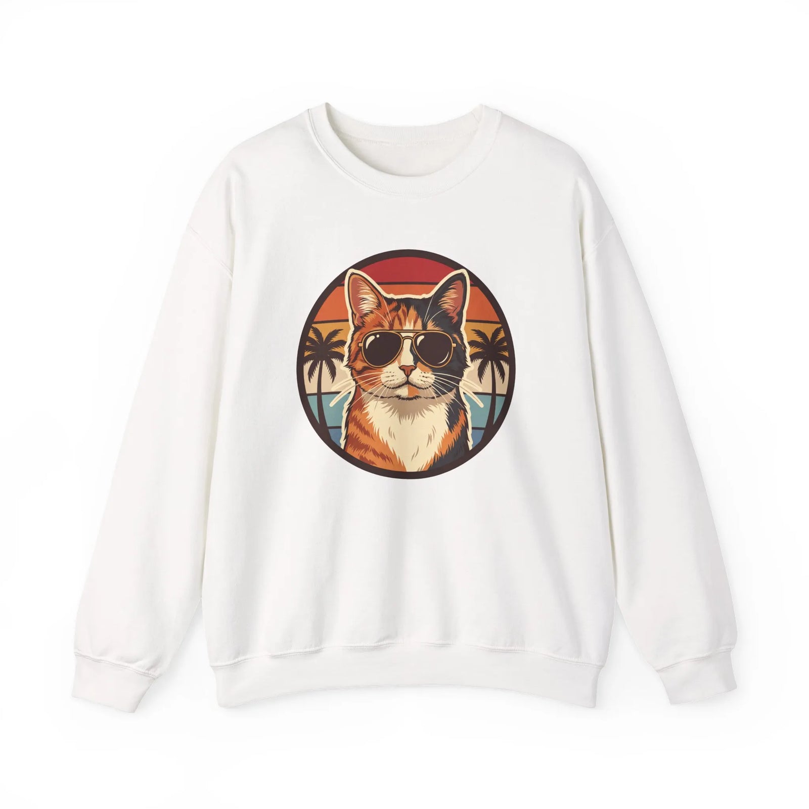Calico Cool Cats 70s Sunset Aviators Sweatshirt - Medium Heavyweight Fleece Crewneck - Unisex White