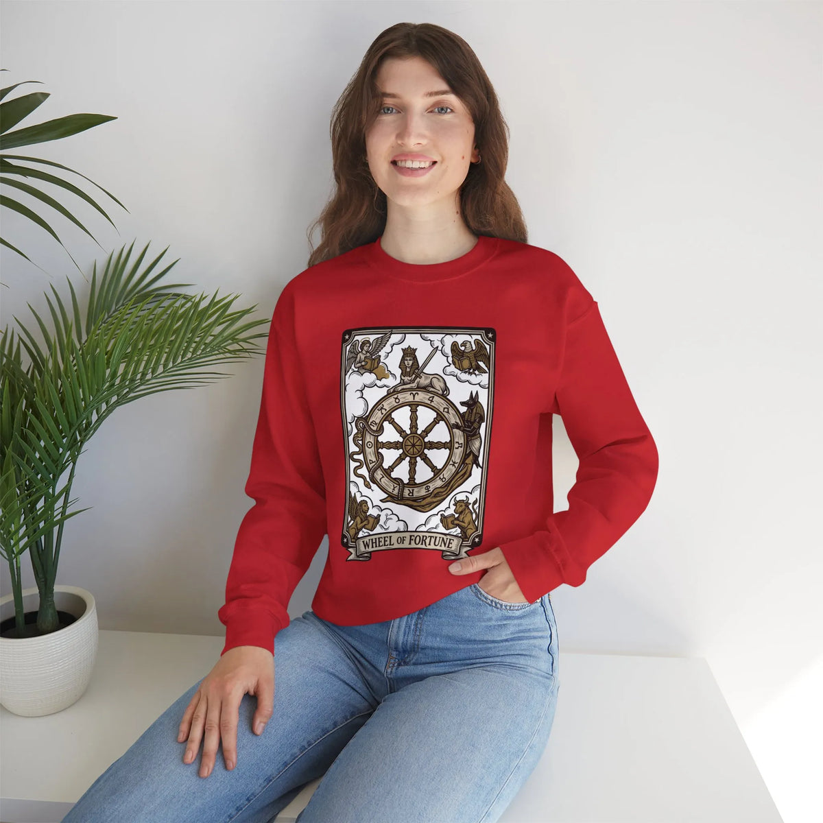 Wheel of Fortune Tarot Card Sweatshirt - Heavy Blend Crewneck Fleece - Unisex White
