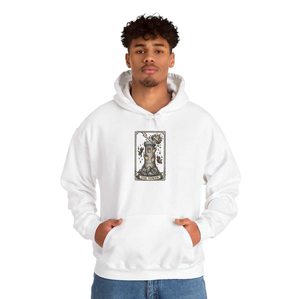 The Tower Tarot Card Hoodie - Heavy Blend Fleece Pullover - Unisex White