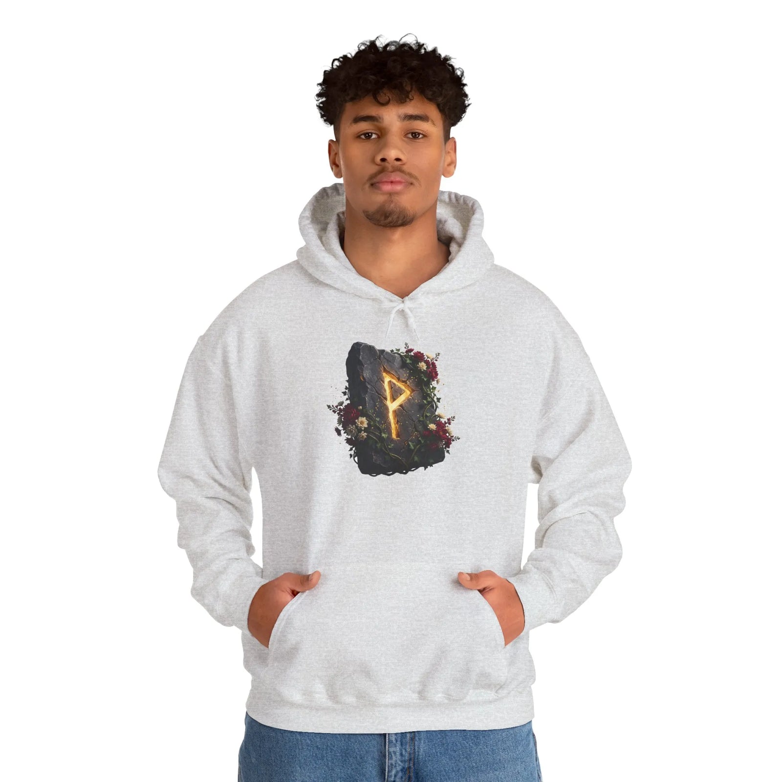 Wunjo Rune Floral Rock Graphic Hoodie - Warm Fleece Pullover Sweatshirt - Unisex White