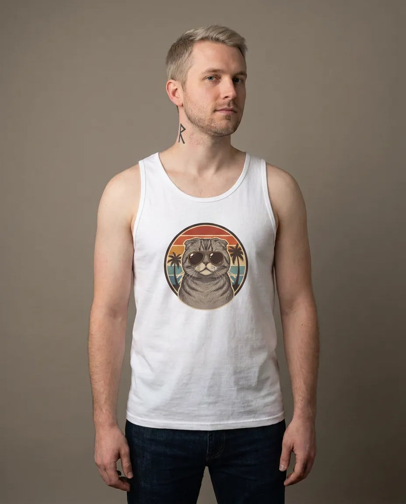 Scottish Fold Cat 70s Sunset Tank Top - Lightweight Combed Cotton Jersey - Unisex Athletic Heather
