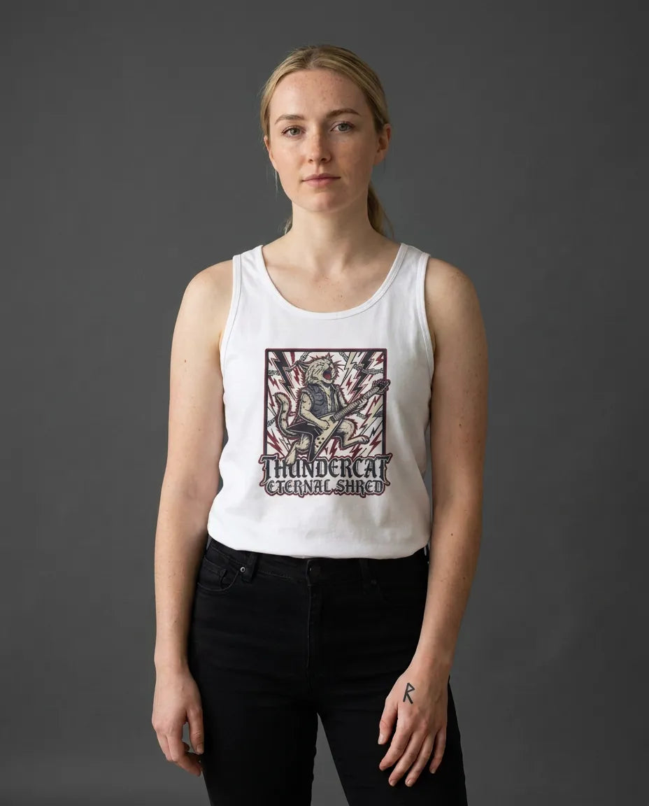 Heavy Metal Rocker Cat Guitar Solo Tank Top - Lightweight Airlume Cotton Jersey - Unisex White