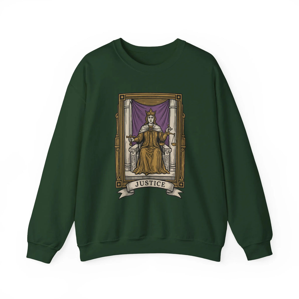 Justice Tarot Card Sweatshirt - Heavy Blend Cotton Poly Crewneck - Unisex White