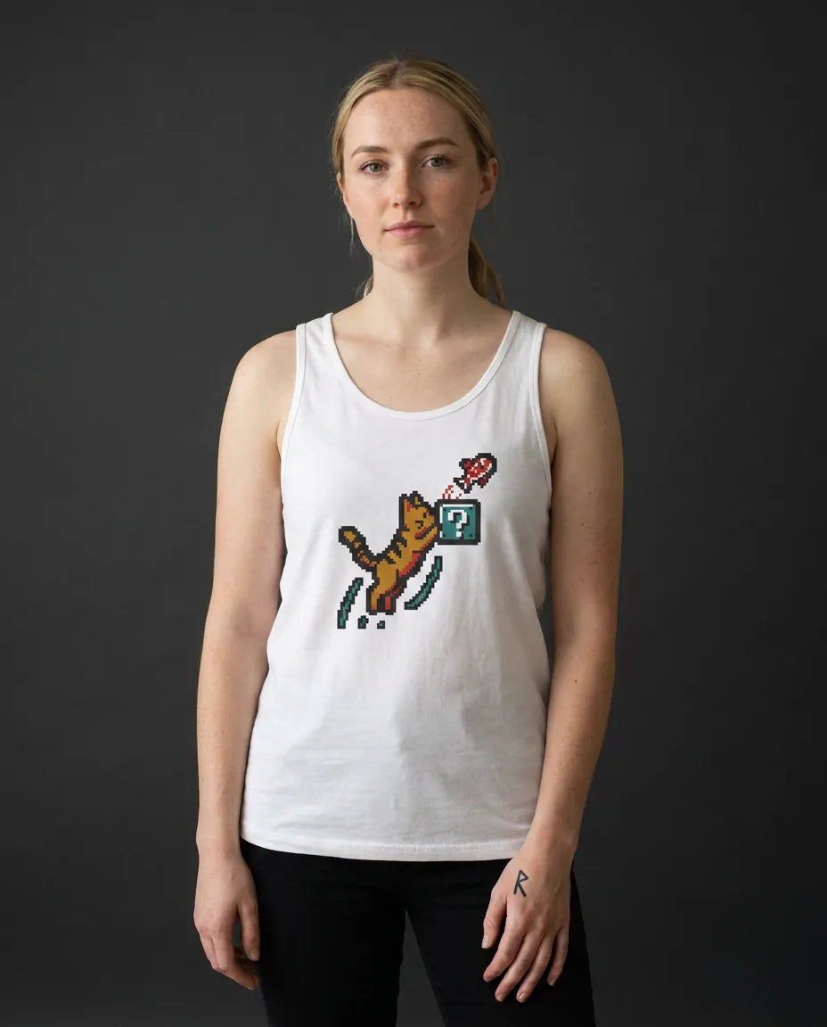 8-Bit Pixel Gaming Cat Tank Top - Lightweight Retail Fit Jersey - Unisex White
