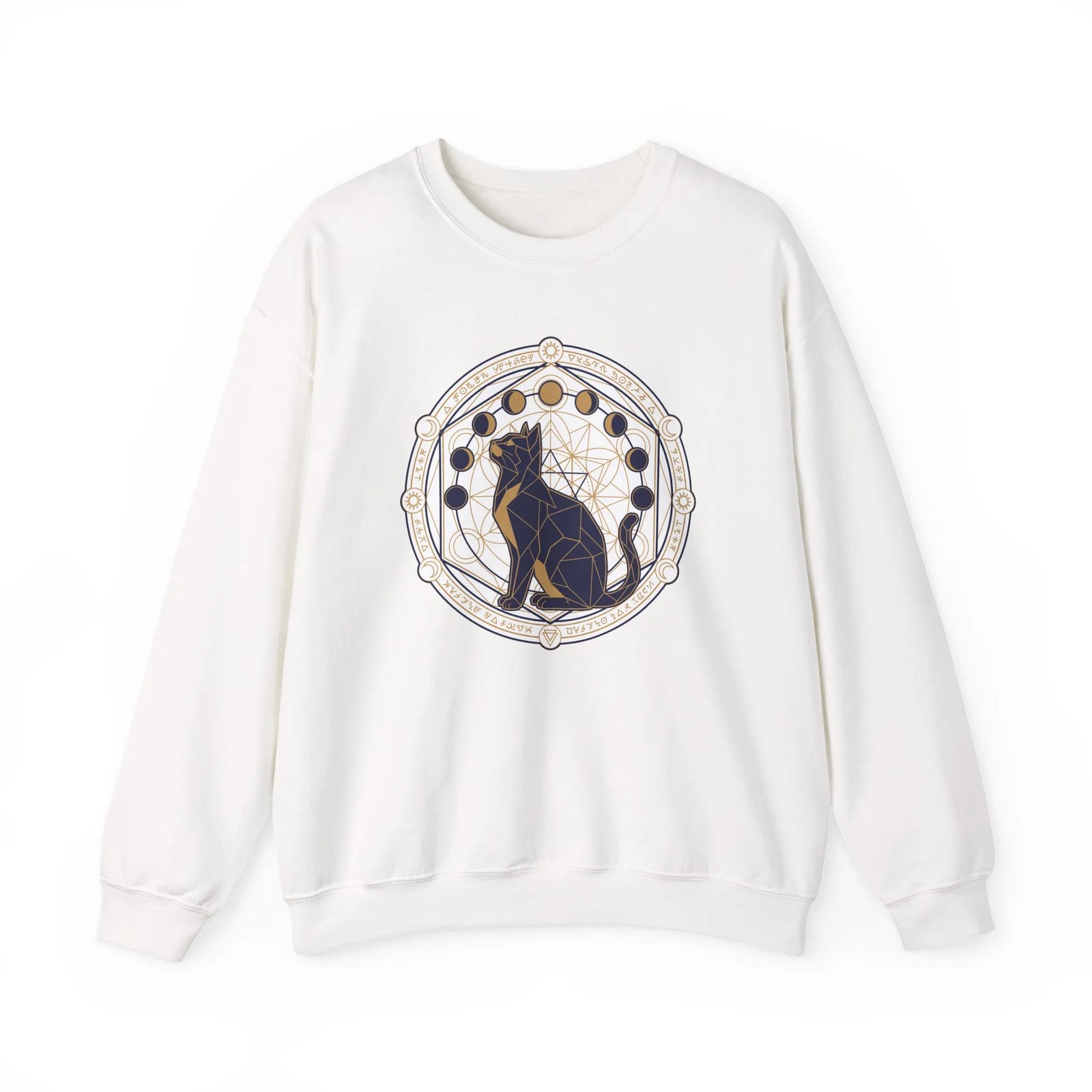 Moon Phases Sacred Geometry Cat Sweatshirt - Heavy Blend Cotton Polyester Crewneck - Unisex White