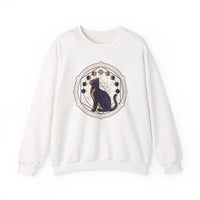 Moon Phases Sacred Geometry Cat Sweatshirt - Heavy Blend Cotton Polyester Crewneck - Unisex White