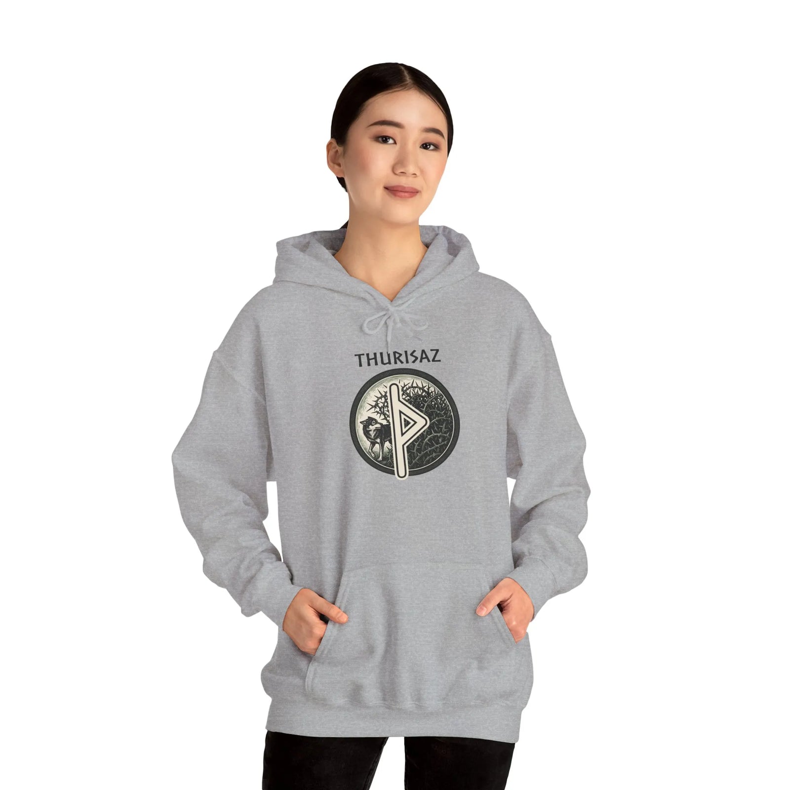 Thurisaz Rune Wolf Graphic Hoodie - Heavy Blend Fleece Pullover - Unisex White