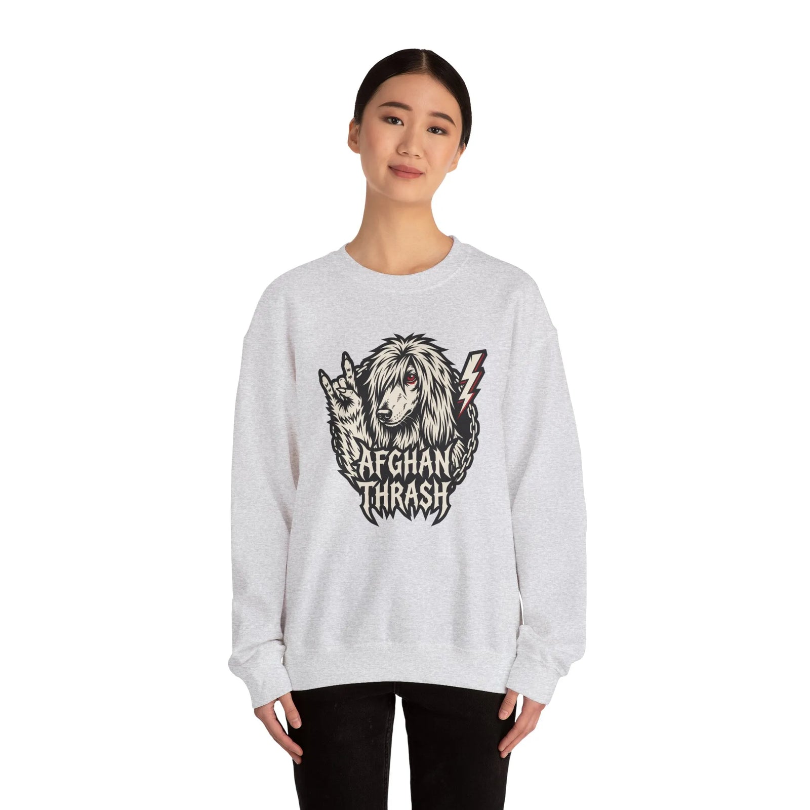 Headbanger Heavy Metal Dog Graphic Sweatshirt - Heavyweight Cotton Blend Fleece - Unisex White