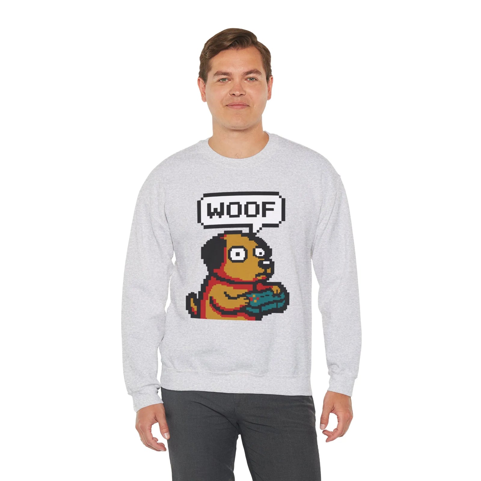 8-Bit Pixel Gaming Dogs Sweatshirt - Heavy Blend Cotton-Poly Crewneck - Unisex White
