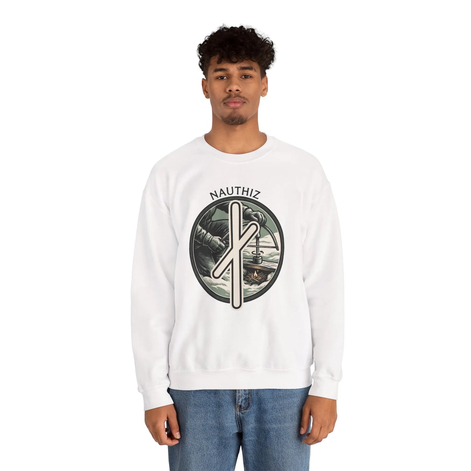 Nauthiz Rune Need-Fire Sweatshirt - Heavy Blend Fleece Crewneck - Unisex White