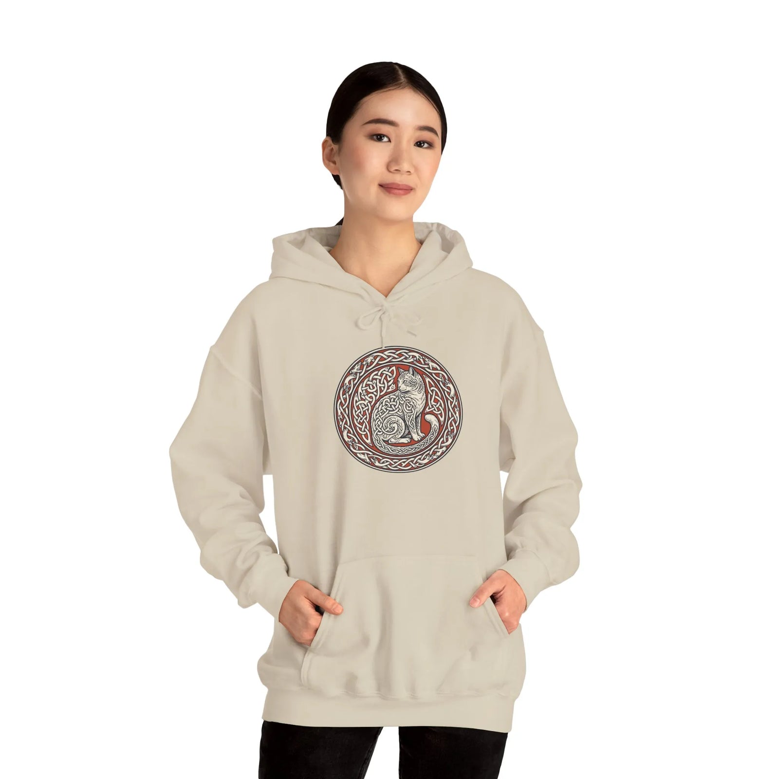 Freyja's Sacred Cat Woodcut Hoodie - Heavy Blend Cotton Poly Pullover - Unisex White