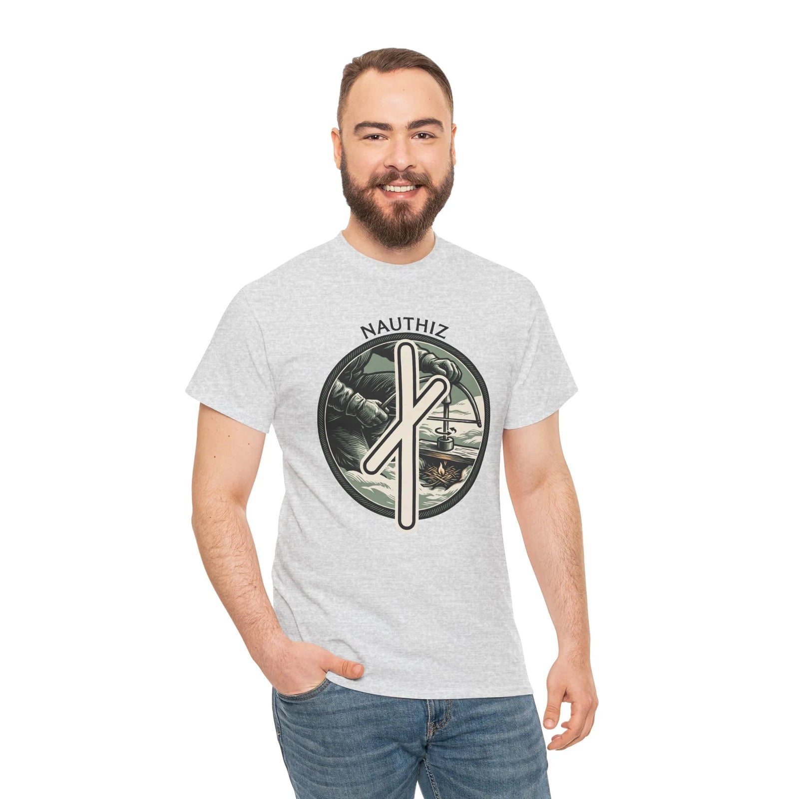 Nauthiz Rune Need Fire T-Shirt - Heavyweight Classic Fit Cotton Tee - Unisex White