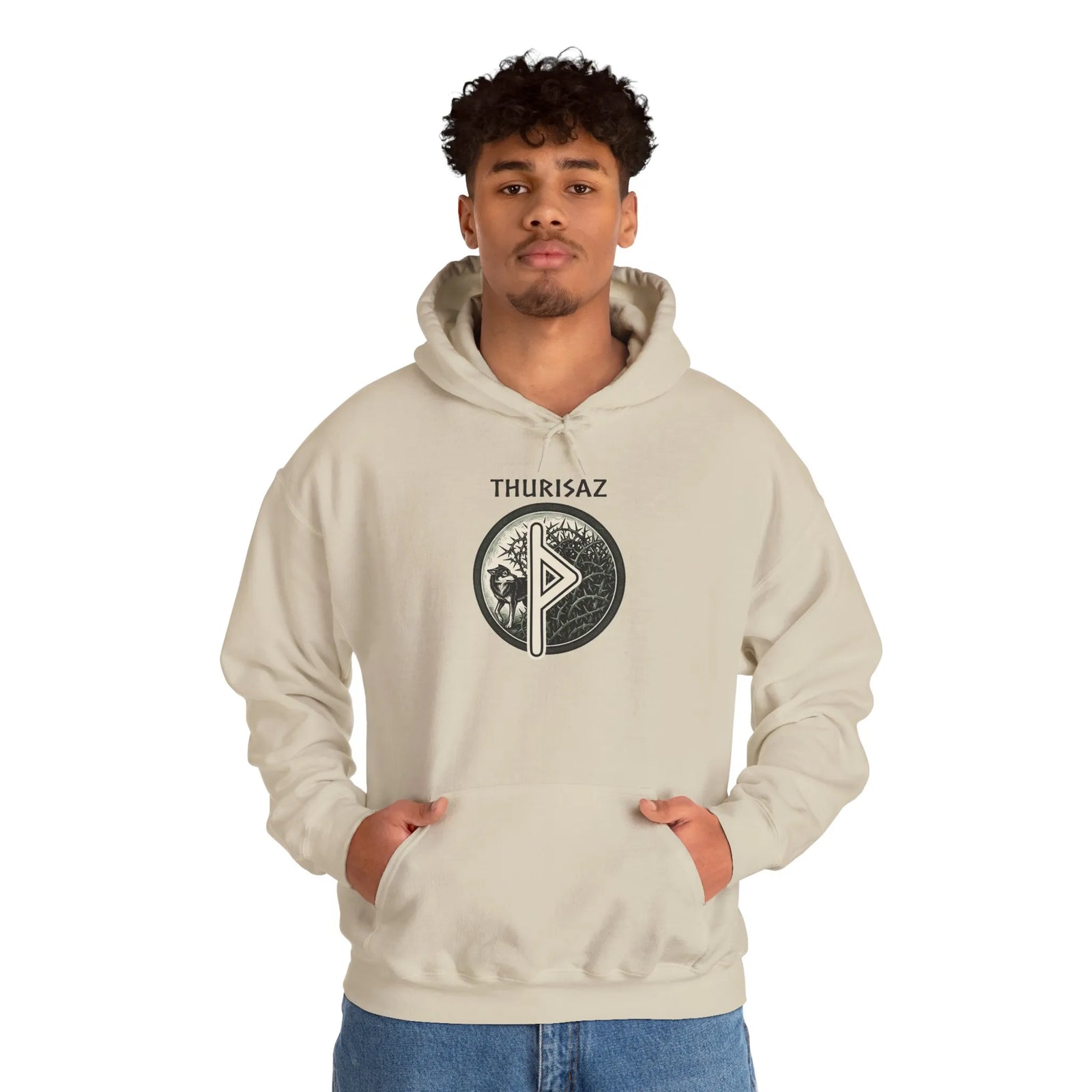 Thurisaz Rune Wolf Graphic Hoodie - Heavy Blend Fleece Pullover - Unisex White