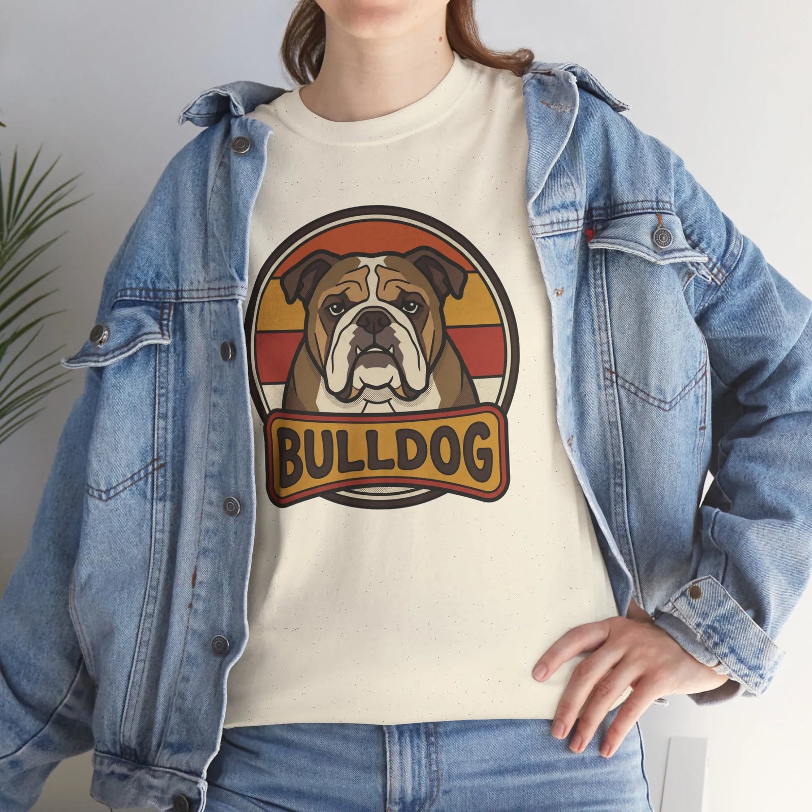 Bulldog Retro 70s Sunset T-Shirt - Heavy Cotton Classic Fit Tee - Unisex White