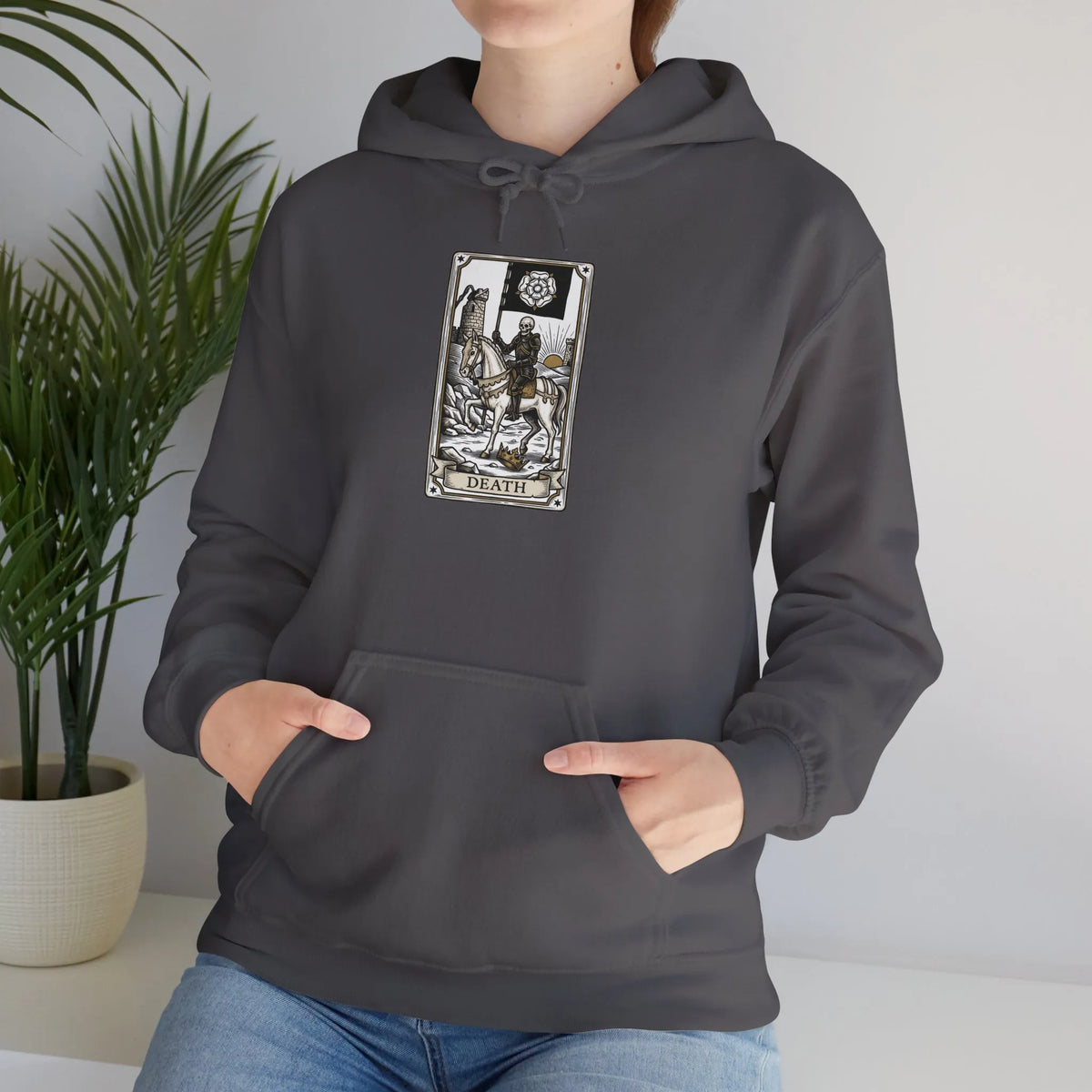 Death Tarot Card Graphic Hoodie - Medium-Heavy Cotton-Poly Blend Pullover - Unisex White