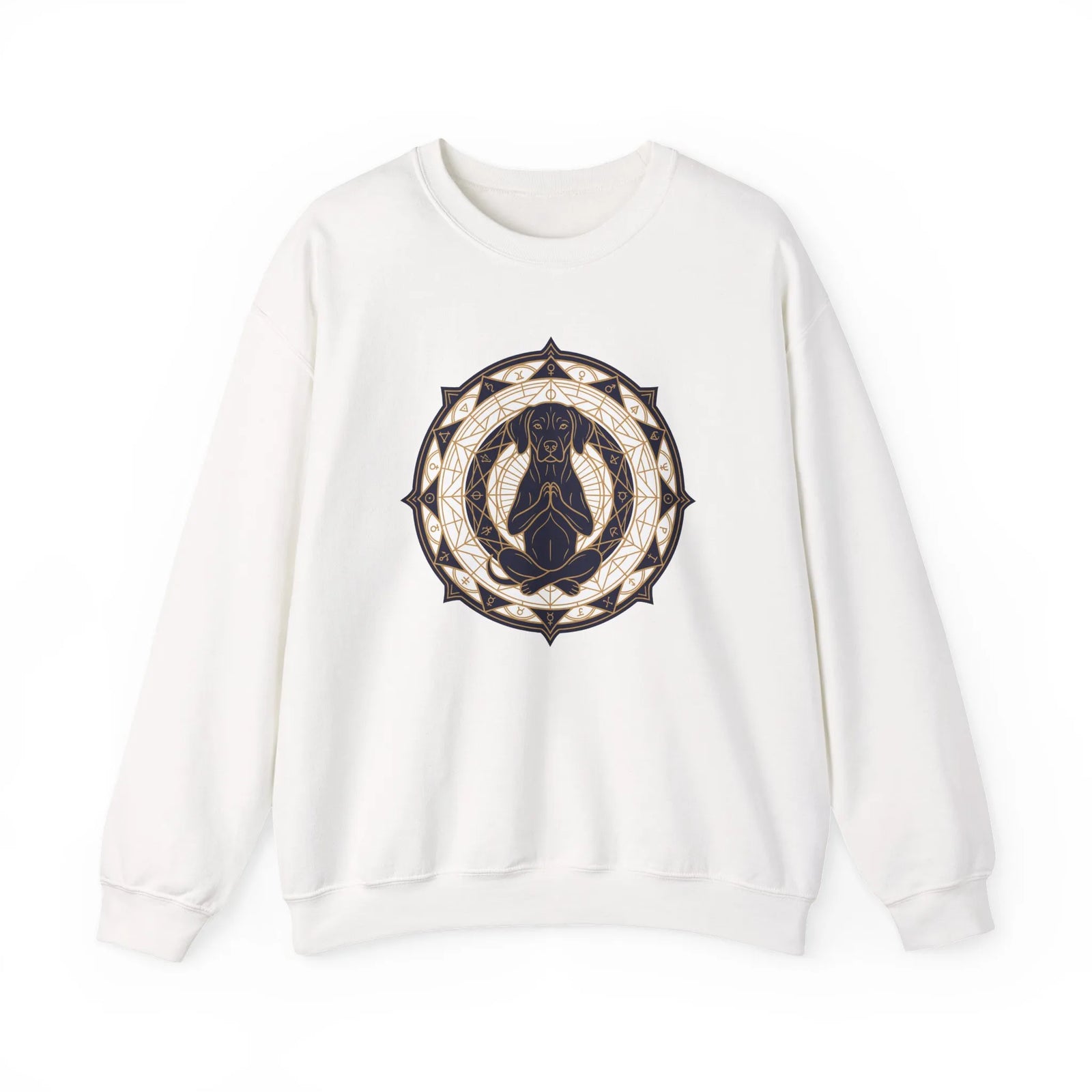 Meditating Dog Sacred Geometry Sweatshirt - Heavy Blend Fleece Crewneck - Unisex White
