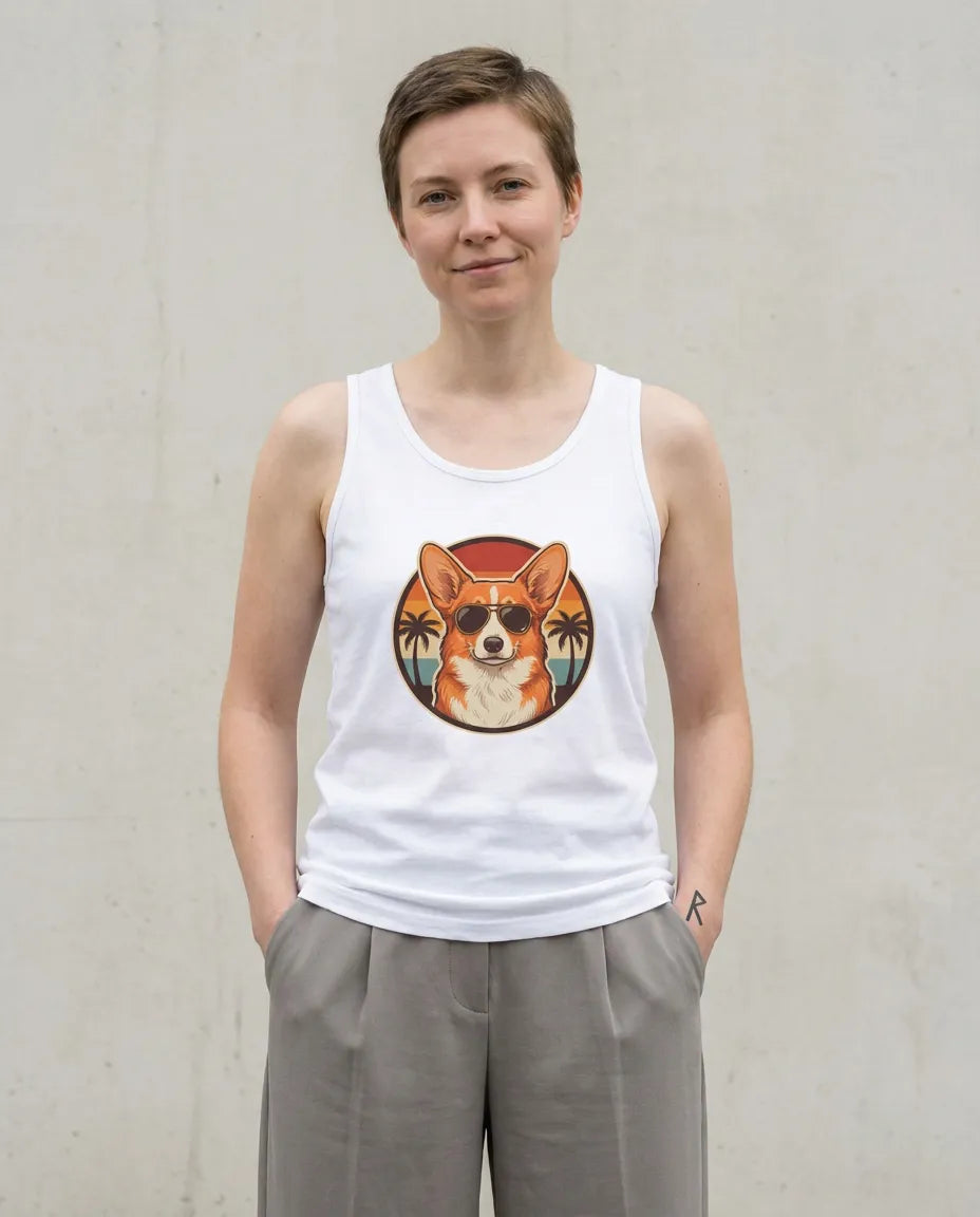 Corgi Cool Dogs 70s Sunset Tank Top - Soft Airlume Combed Cotton Jersey - Unisex White