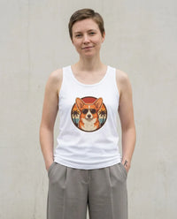 Corgi Cool Dogs 70s Sunset Tank Top - Soft Airlume Combed Cotton Jersey - Unisex White