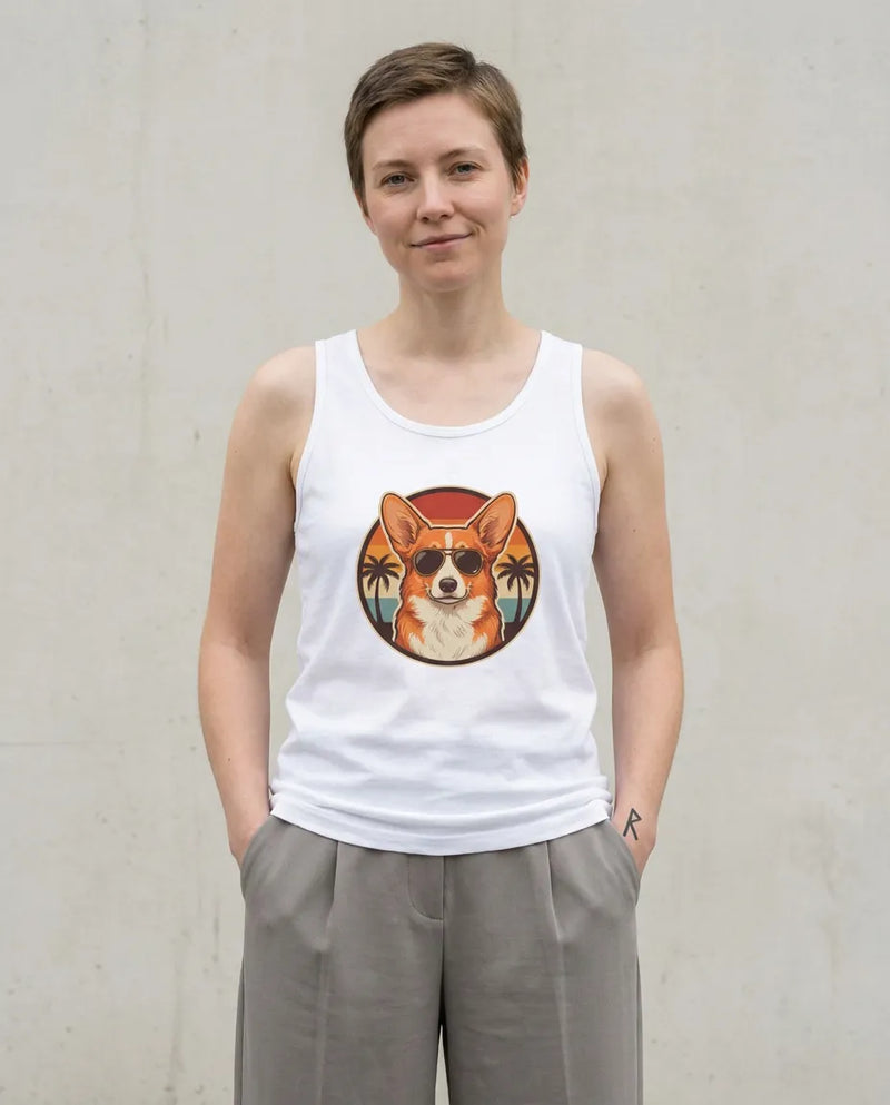 Corgi Cool Dogs 70s Sunset Tank Top - Soft Airlume Combed Cotton Jersey - Unisex White