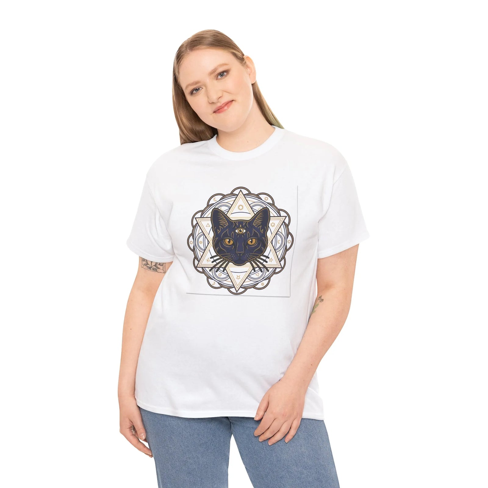 Third Eye Sacred Geometry Alchemist Cats T-Shirt - Heavy Cotton Classic Fit - Unisex White