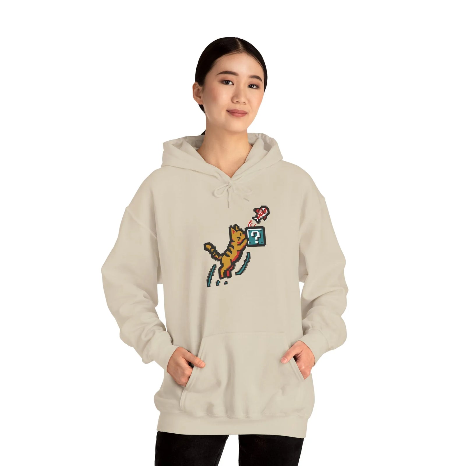 Power Up 8-Bit Pixel Gaming Cats Hoodie - Heavy Blend Fleece Pullover - Unisex White