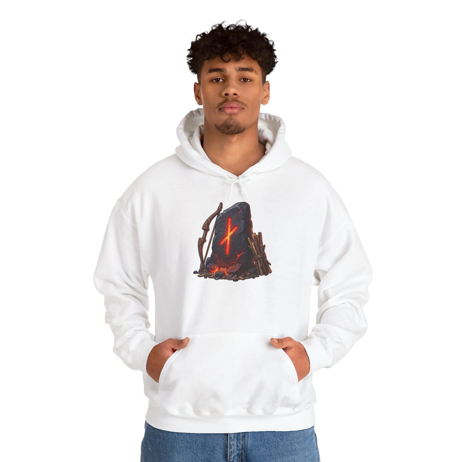Nauthiz Rune Need-Fire Graphic Hoodie - Soft Cotton Blend Pullover - Unisex White
