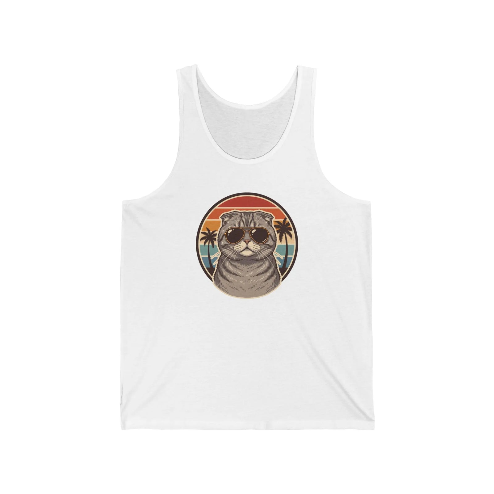 Scottish Fold Cat 70s Sunset Tank Top - Lightweight Combed Cotton Jersey - Unisex Athletic Heather