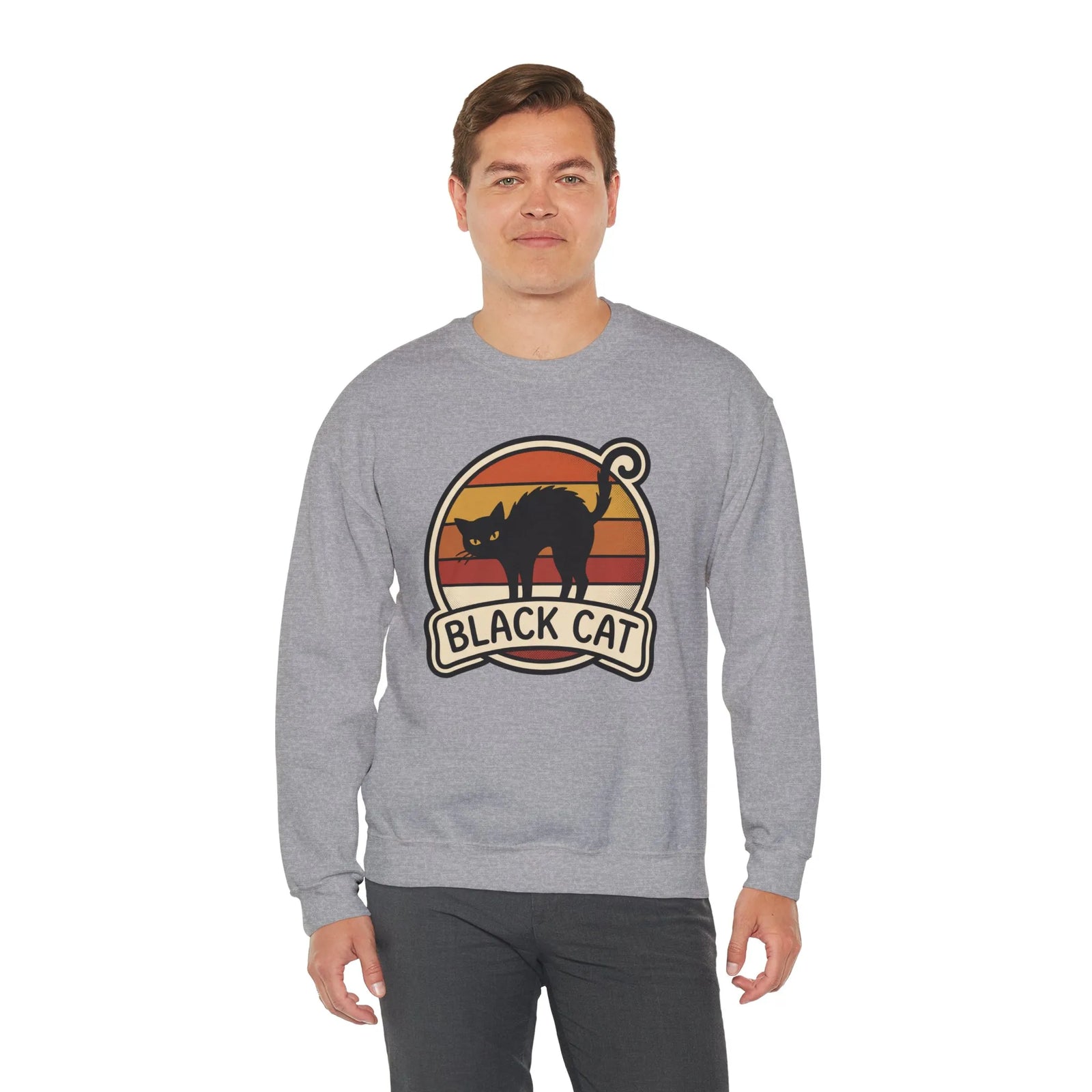 Black Cat Retro Sunset Sweatshirt - Heavy Blend Crewneck Fleece - Unisex White
