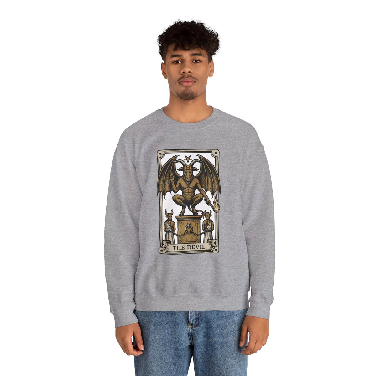 Devil Tarot Card Graphic Sweatshirt - Heavy Blend Fleece Crewneck - Unisex White