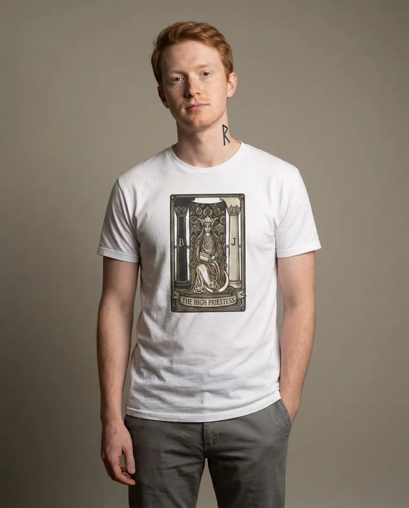 The High Priestess Tarot Card T-Shirt - Heavy Cotton Classic Fit Tee - Unisex White