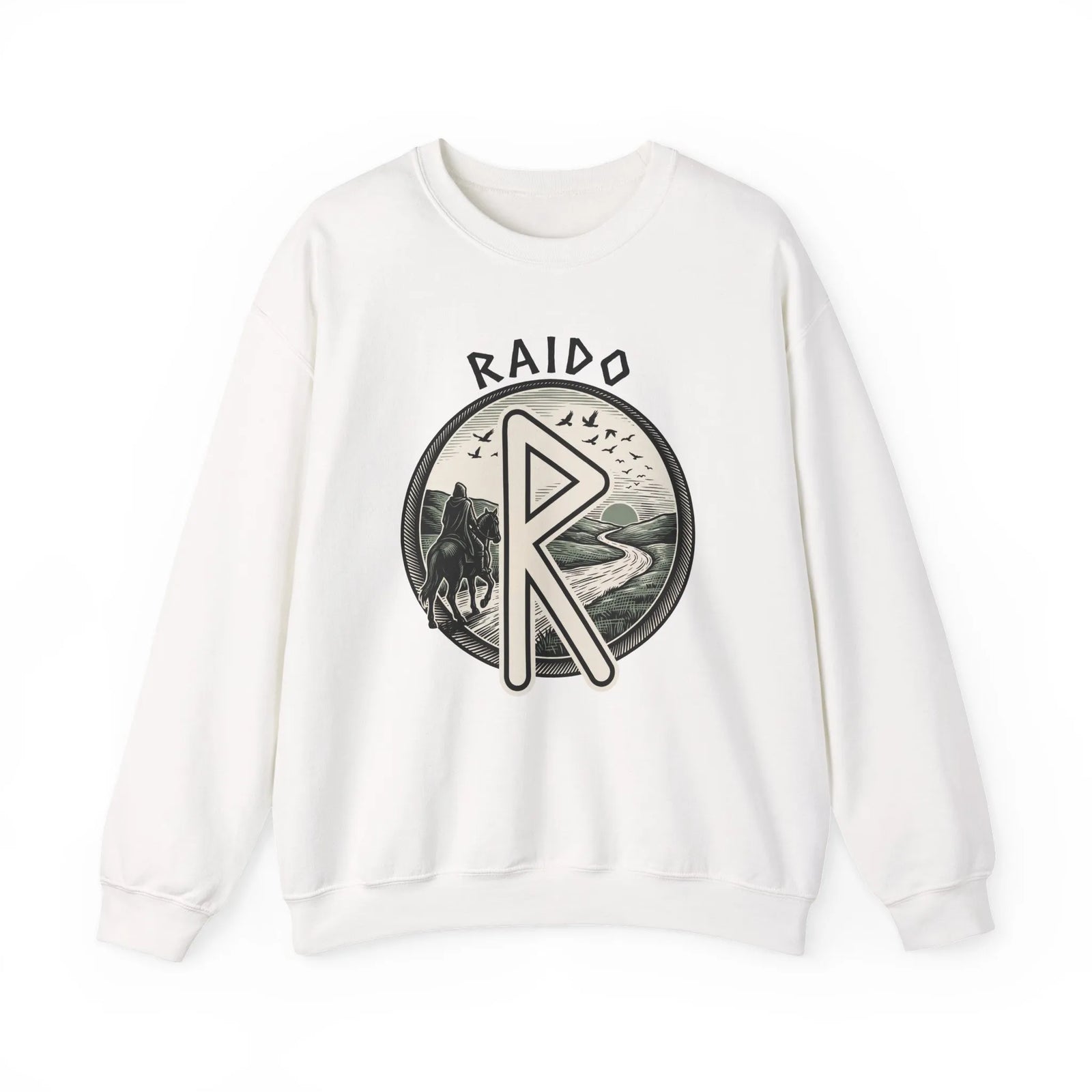 Raido Rune Journey Sweatshirt - Heavy Blend Classic Fit Crewneck - Unisex White