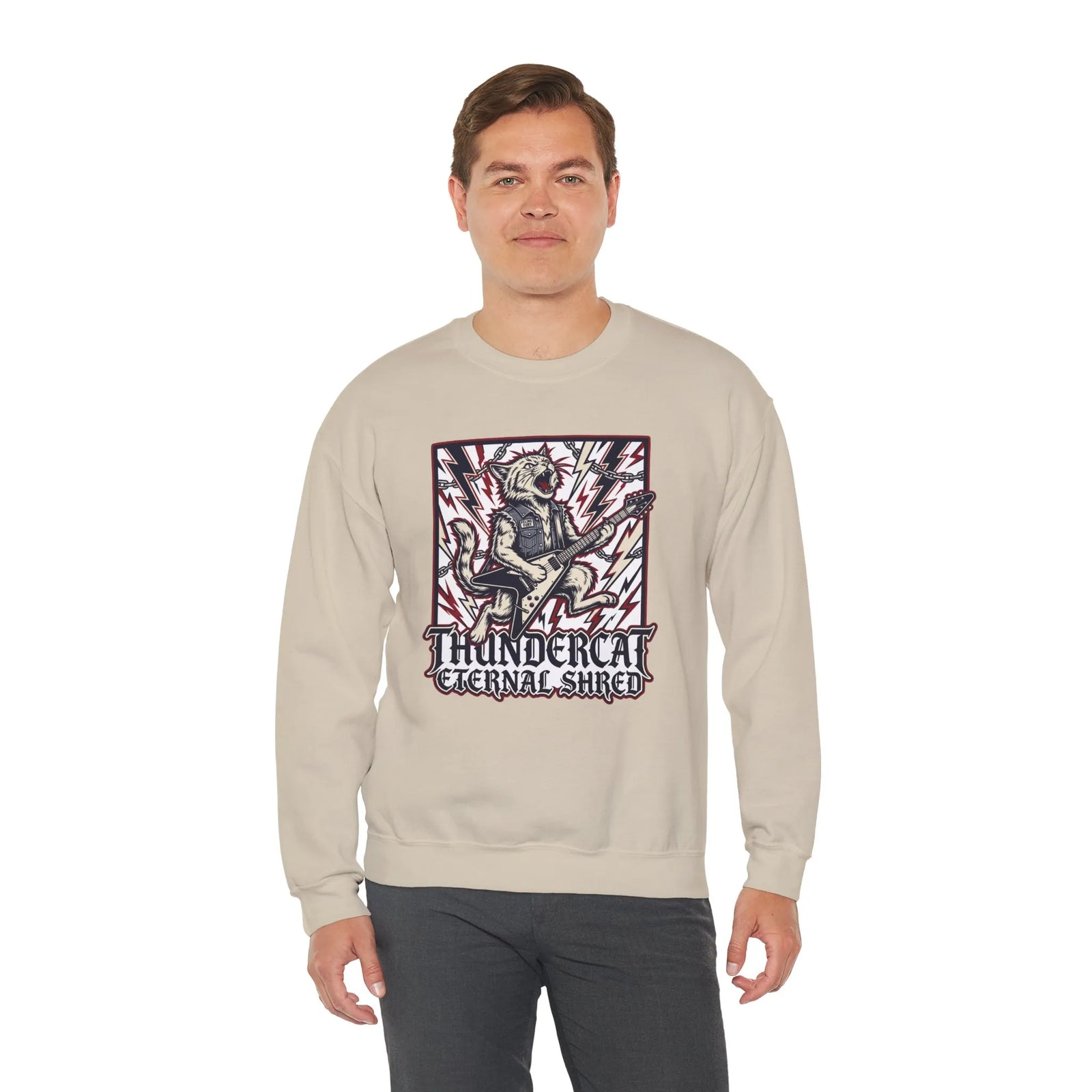 Heavy Metal Rocker Cat Sweatshirt - Heavy Blend Fleece Crewneck - Unisex White