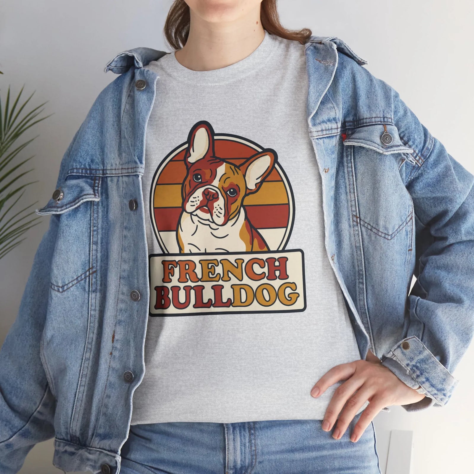 French Bulldog Retro 70s Sunset T-Shirt - Heavy Cotton Classic Fit Tee - Unisex White