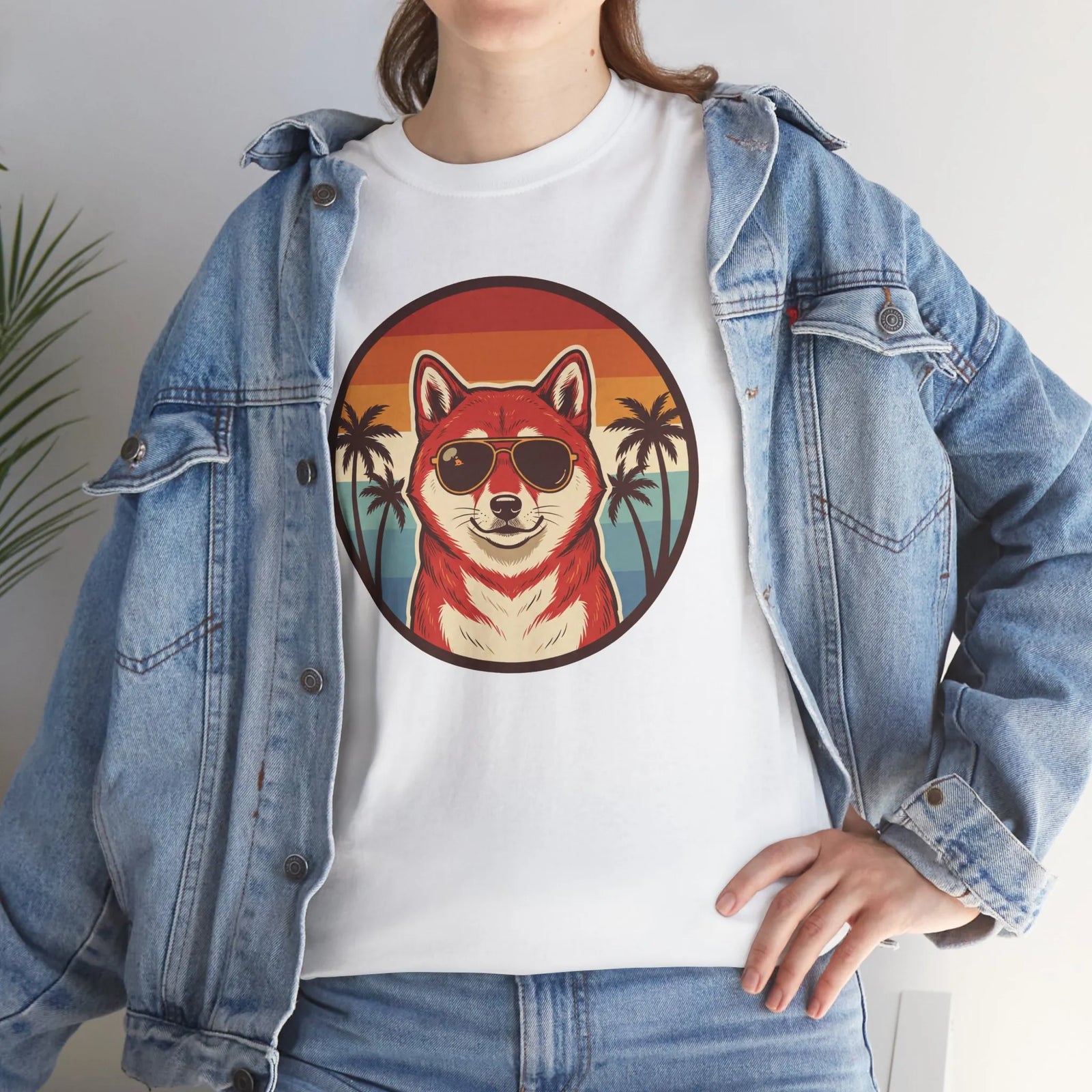 Shiba Inu Aviator Sunset T-Shirt - Heavy Cotton Classic Fit Tee - Unisex White