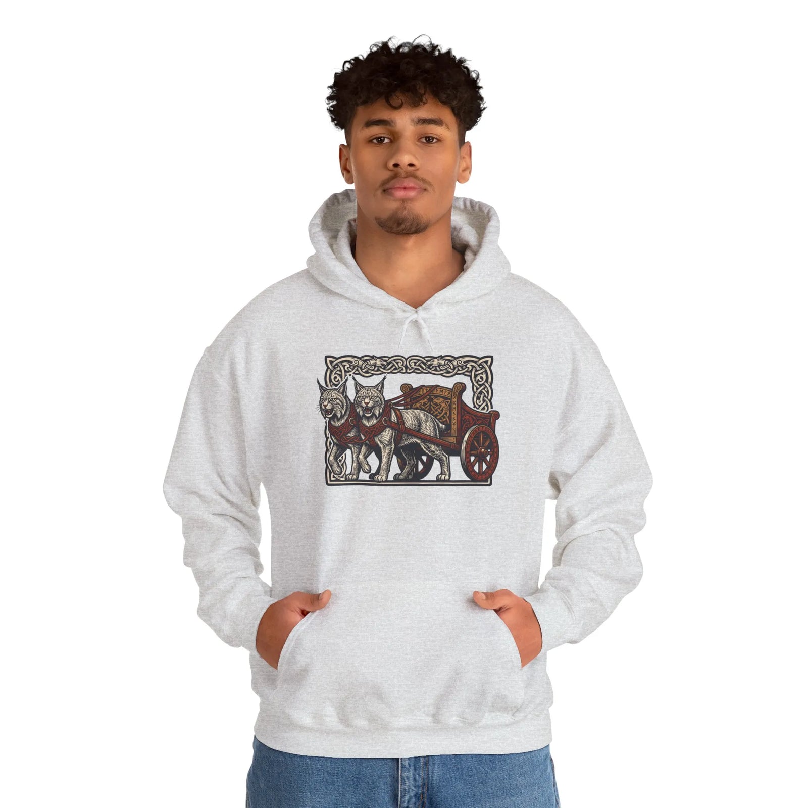 Freyja's Sacred Cats Chariot Graphic Hoodie - Cozy Fleece Pullover Hoodie - Unisex Off White