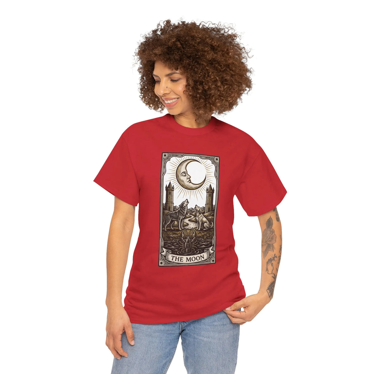 Moonlight Wolves Tarot Graphic T-Shirt - Heavy Cotton Classic Fit Crewneck - Unisex White