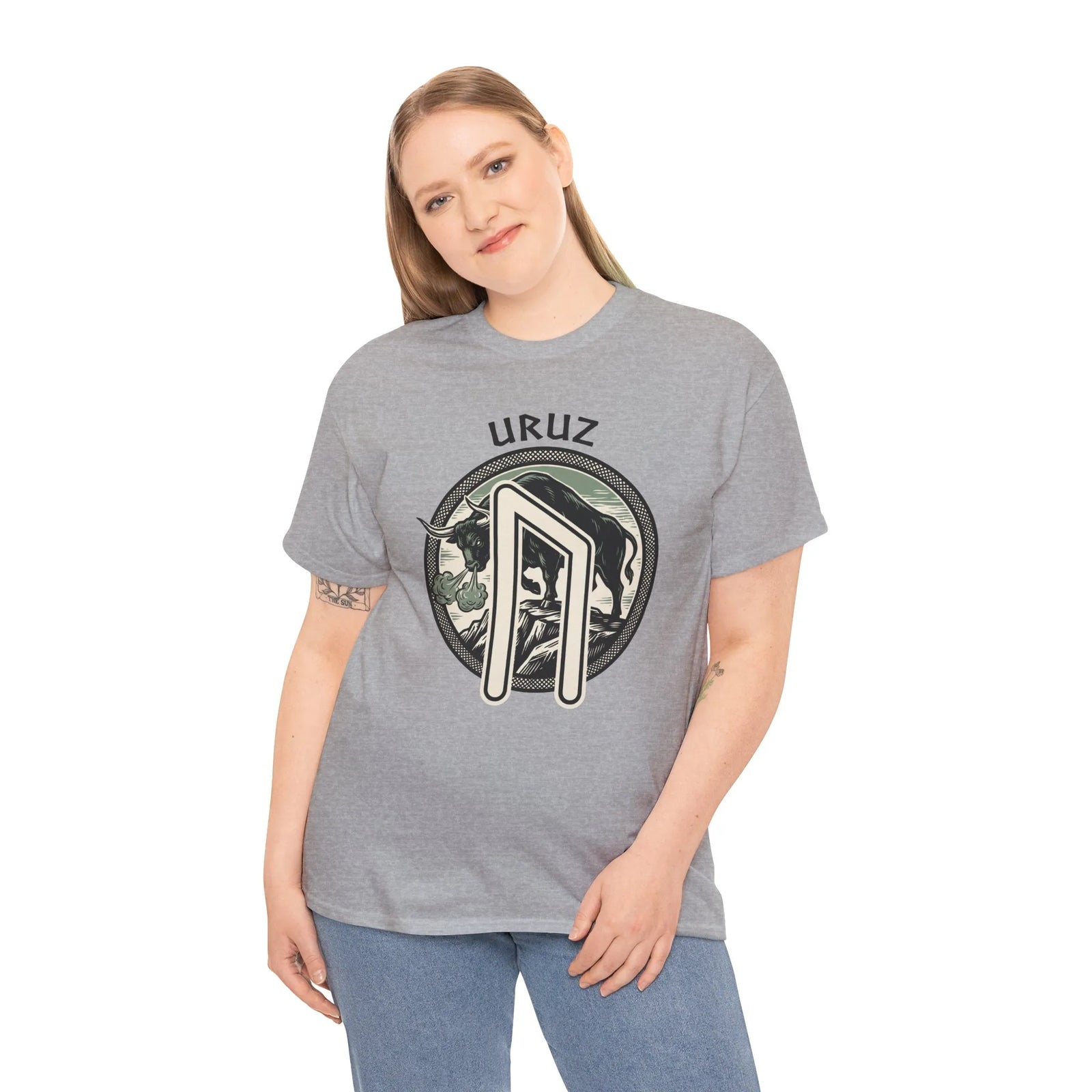Uruz Runic Bull Graphic T-Shirt - Heavyweight Cotton Classic Fit Tee - Unisex White