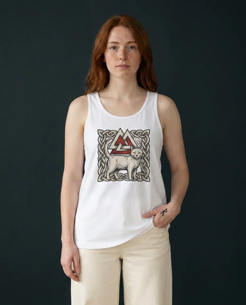 Valknut Cat Freyja Norse Woodcut Tank Top - Lightweight Ring-Spun Cotton Jersey - Unisex White
