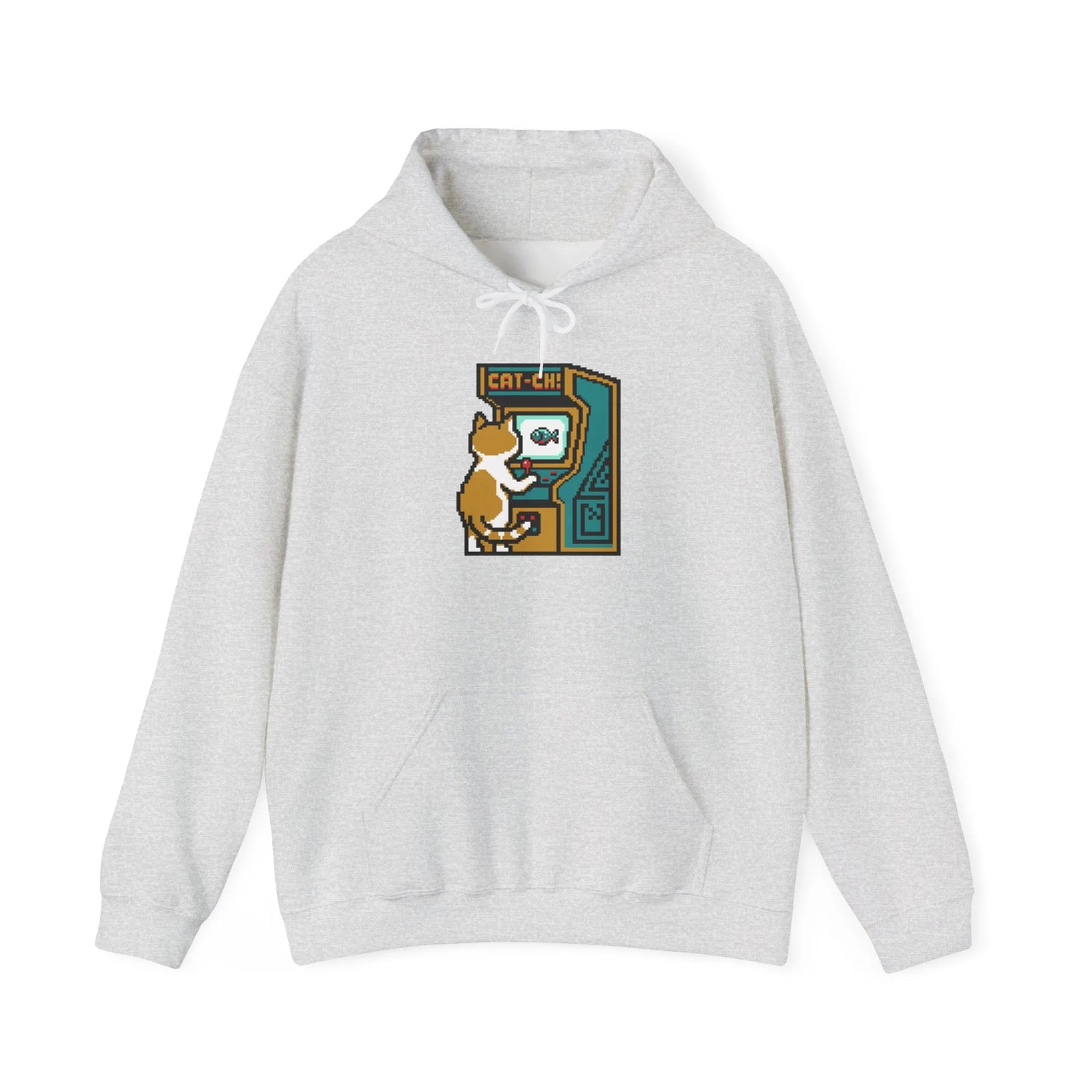 Arcade Gaming Pixel Cat Hoodie - Classic Fit Cotton Blend Pullover - Unisex White