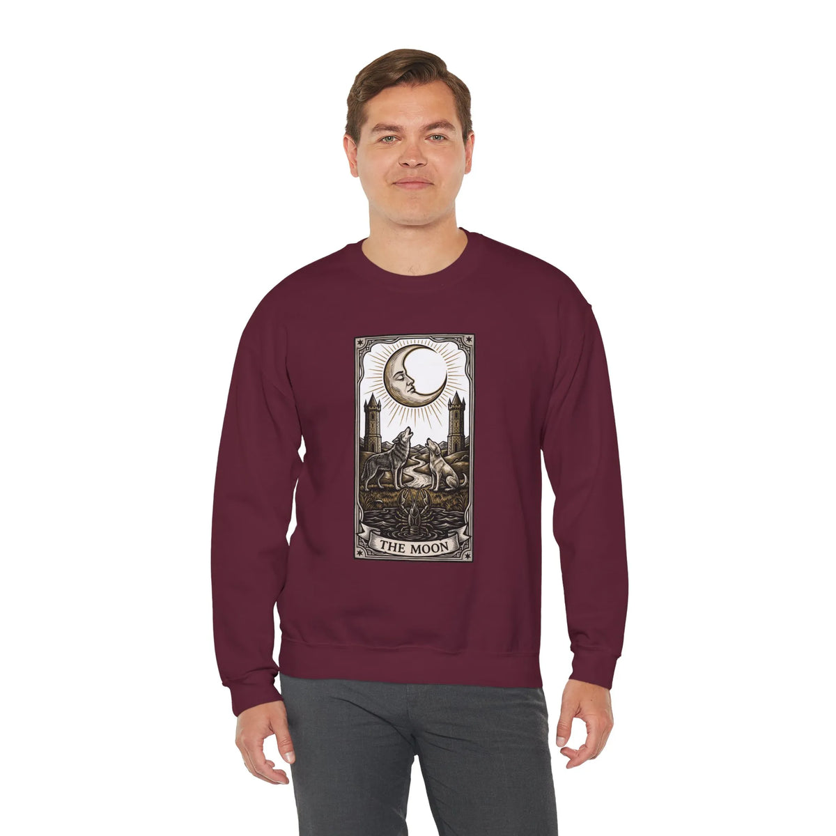 Moon Tarot Card Wolves Graphic Sweatshirt - Heavy Blend Fleece Crewneck - Unisex White